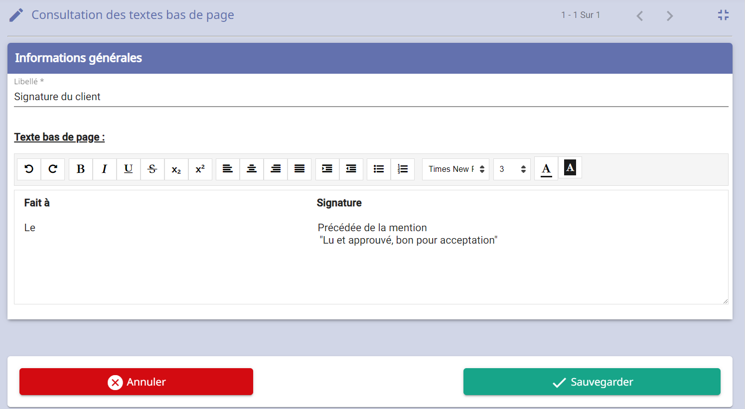 menu créer texte de haut et bas de page