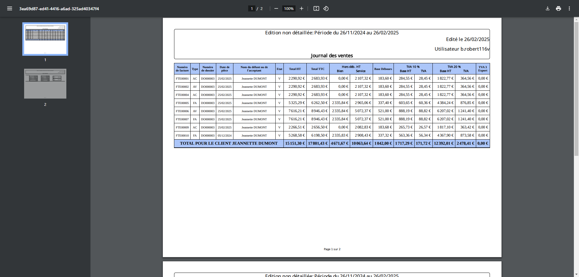 Journal des ventes par client