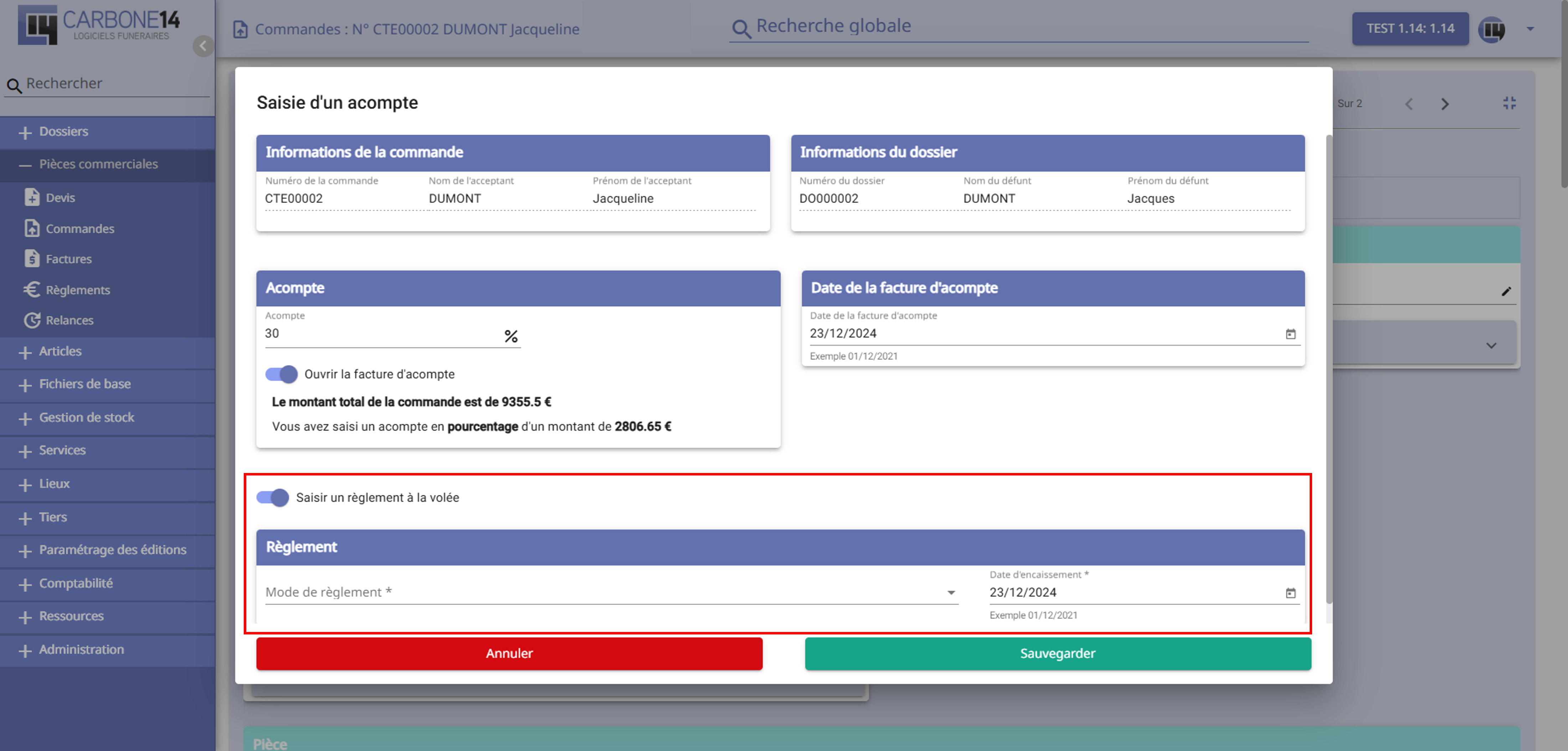Reglement d'acompte